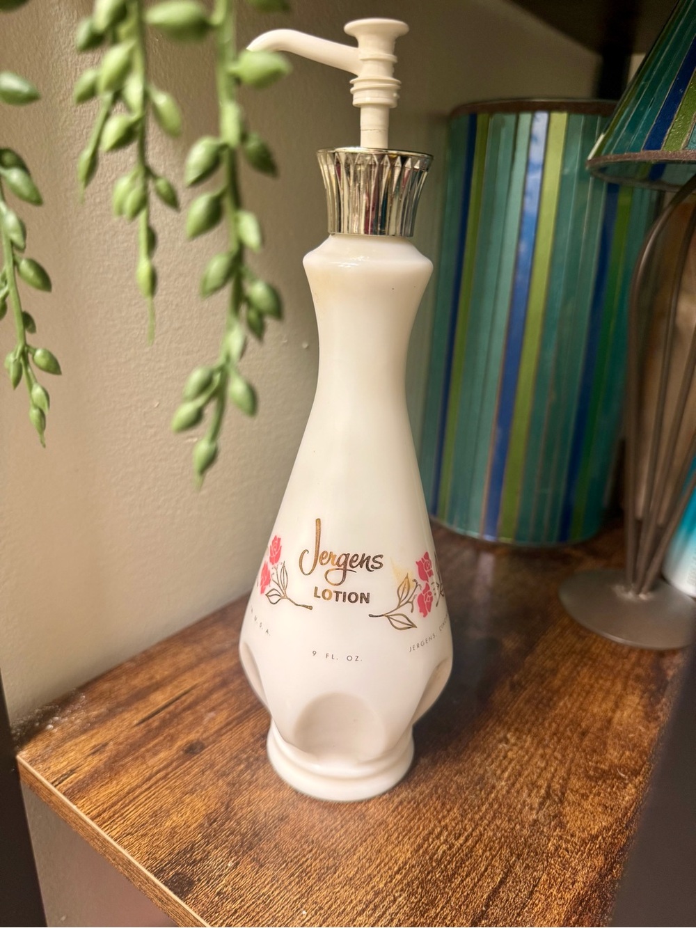 Vintage 1960s Jergens Lotion 9 Oz Milk Glass Pump Bottle Pink Roses